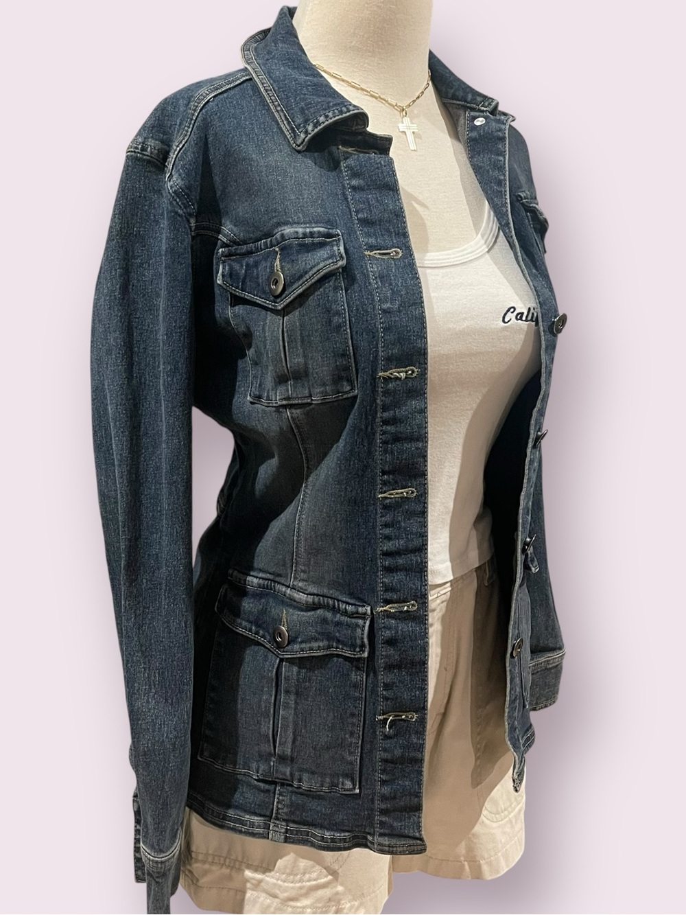 Dark Wash Vintage 2000s longline denim jacket - Picture 3 of 6